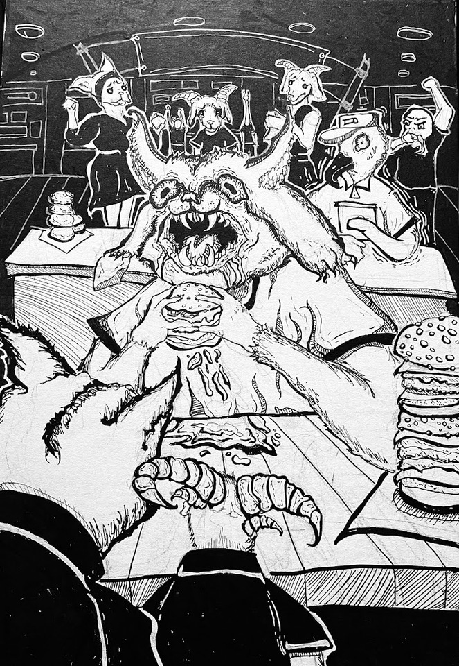 Cat Devouring his Burger